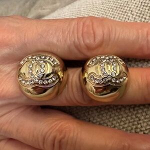 Brand New Classic Chanel CC Crystal Logo Gold Earrings